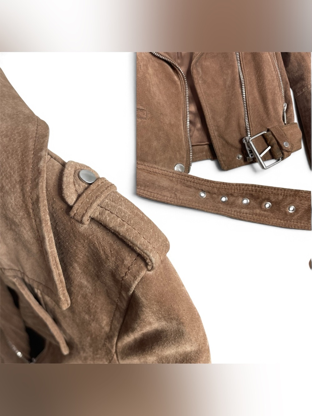Blank NYC Taupe Brown Leather Suede Moto Jacket Bikercore Cropped Zip Buckle XS - Picture 8 of 10